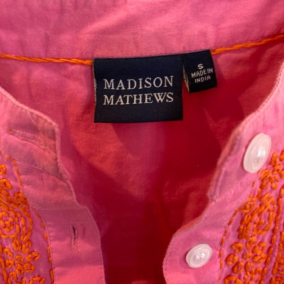 Madison Mathew’s Tunic Pink Embroidered 3/4 Sleeve Womens Small Half Button Down - Picture 3 of 7
